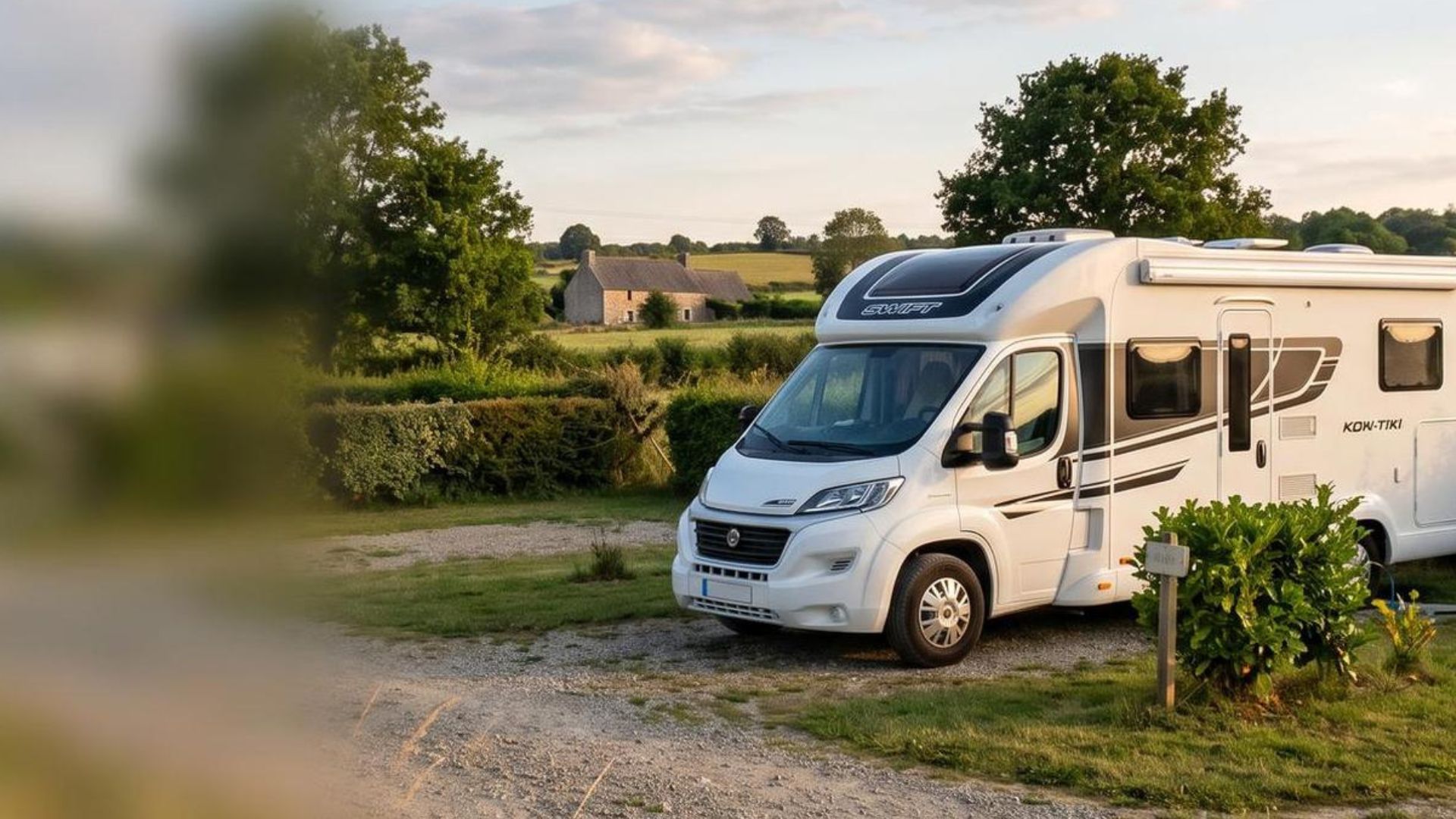 Motorhome pitched in the Cheshire countryside during a travel vlog