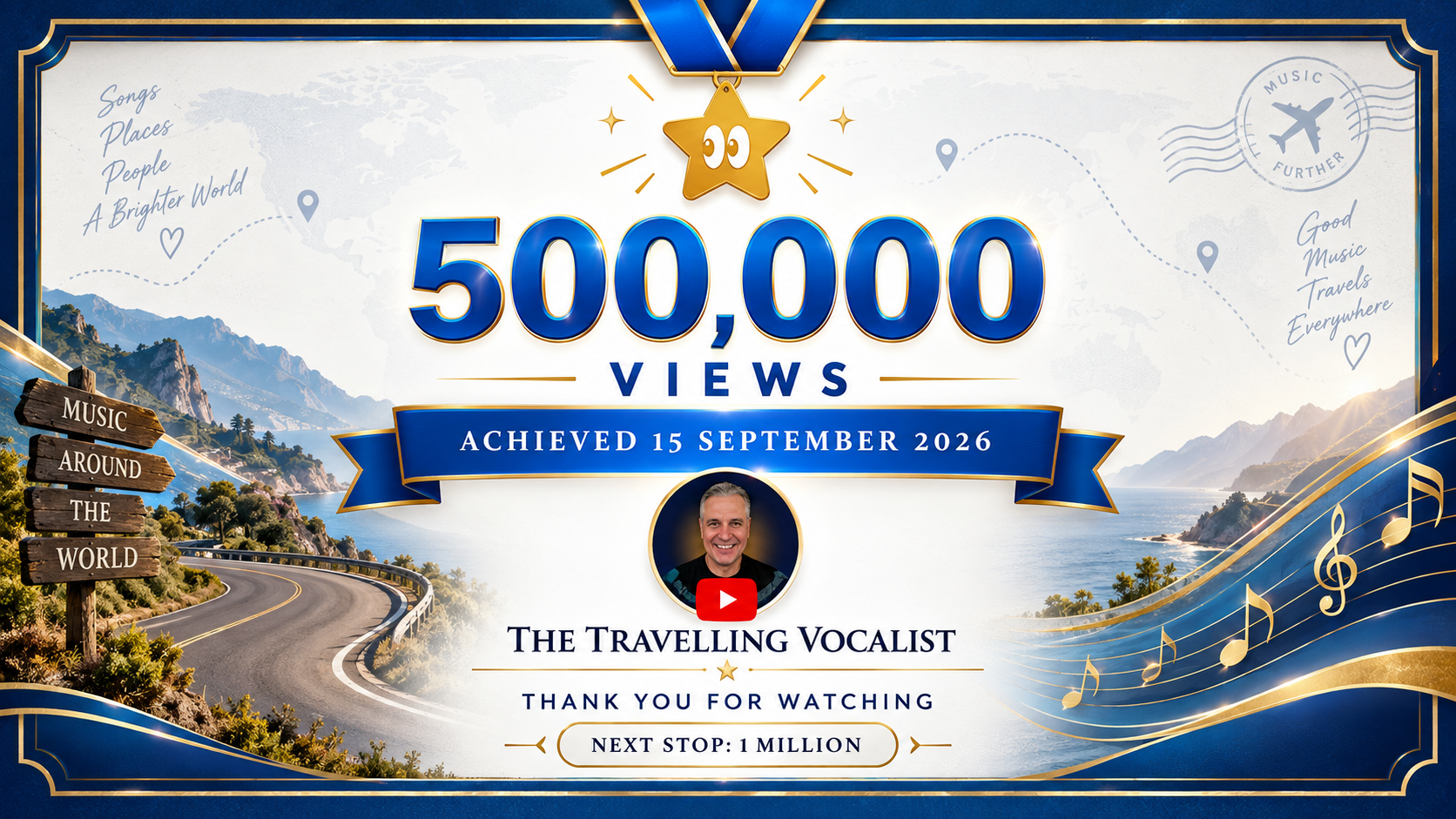 The Travelling Vocalist certificate celebrating 500,000 views achieved on 15 September 2026