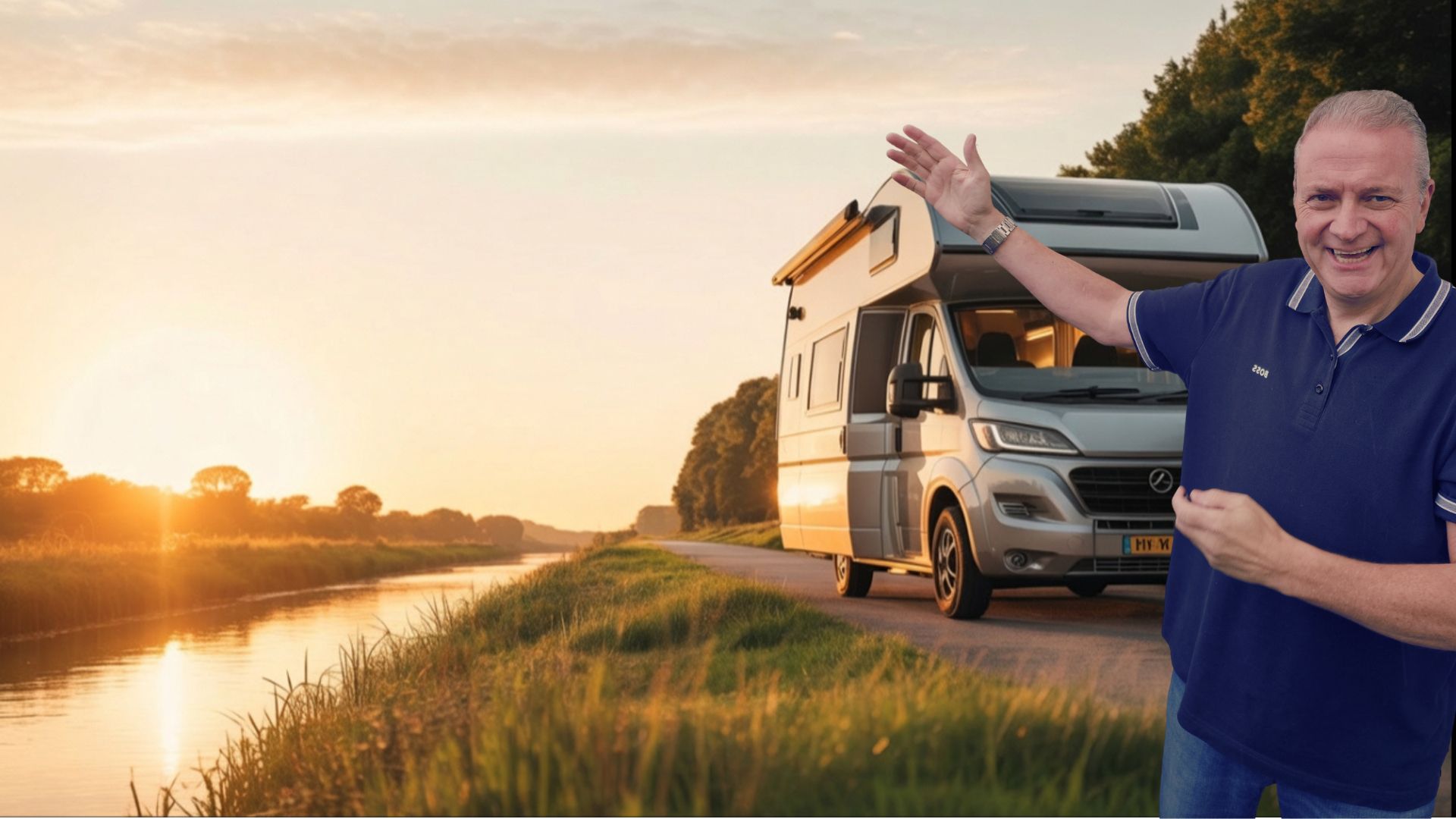 Marcus welcoming viewers beside a motorhome in the Yorkshire countryside